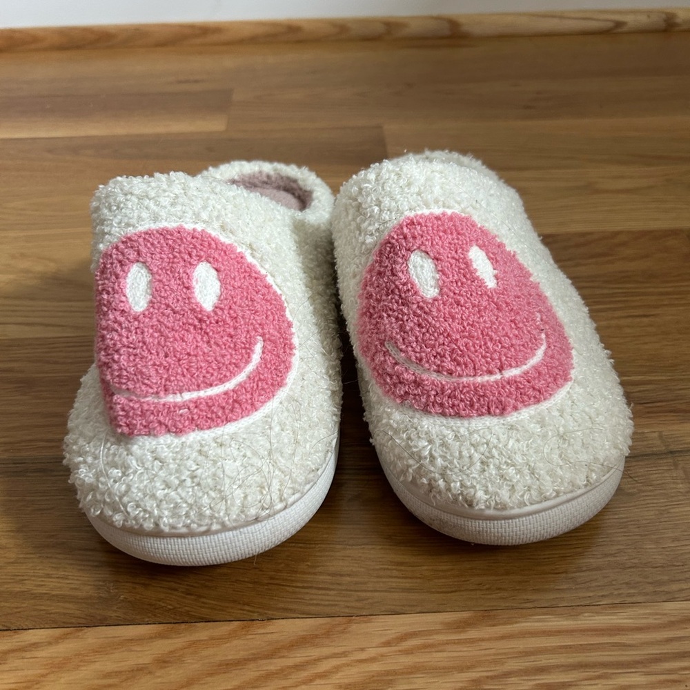 Cozy Cream Slippers with Pink Smiley Face